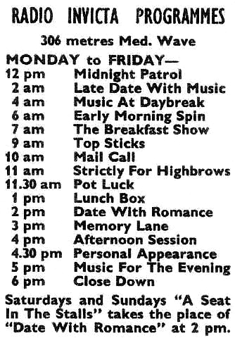 Radio Invicta Programme Schedule 1964