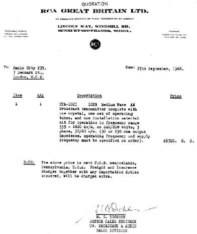 RCA 10kw Transmitter Quotation