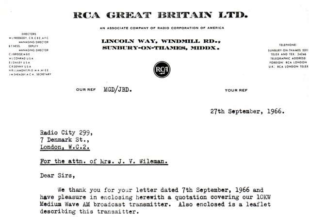 RCA Transmitter Covering Letter