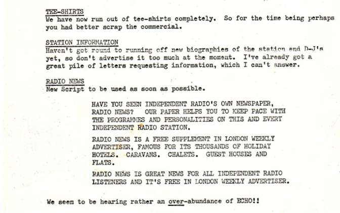 Radio City Studio Memo 27th January 1967